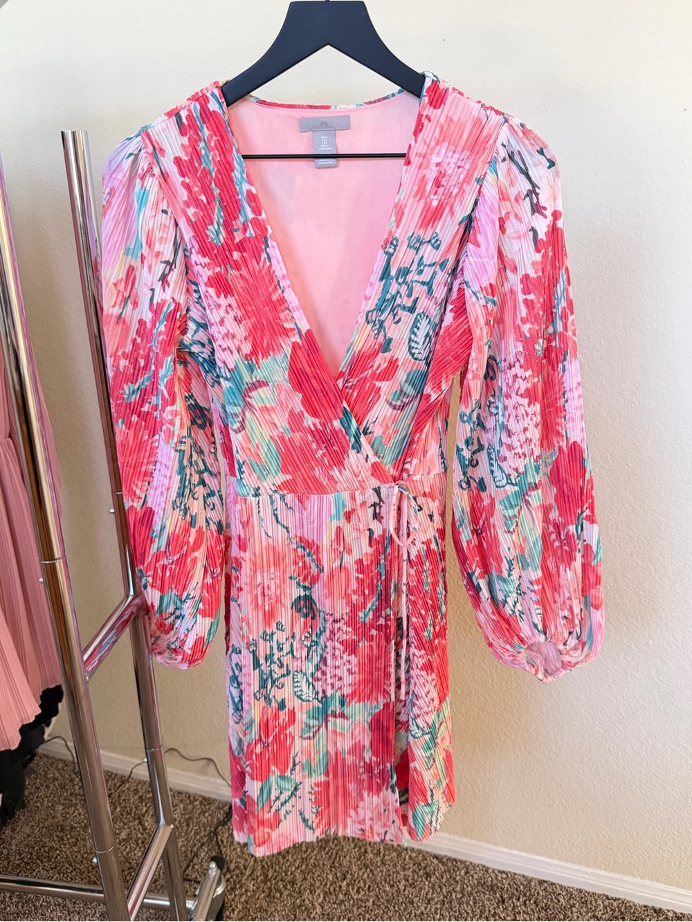 H&M Coral Pink Floral Pleated Wrap Dress with Puff Sleeves